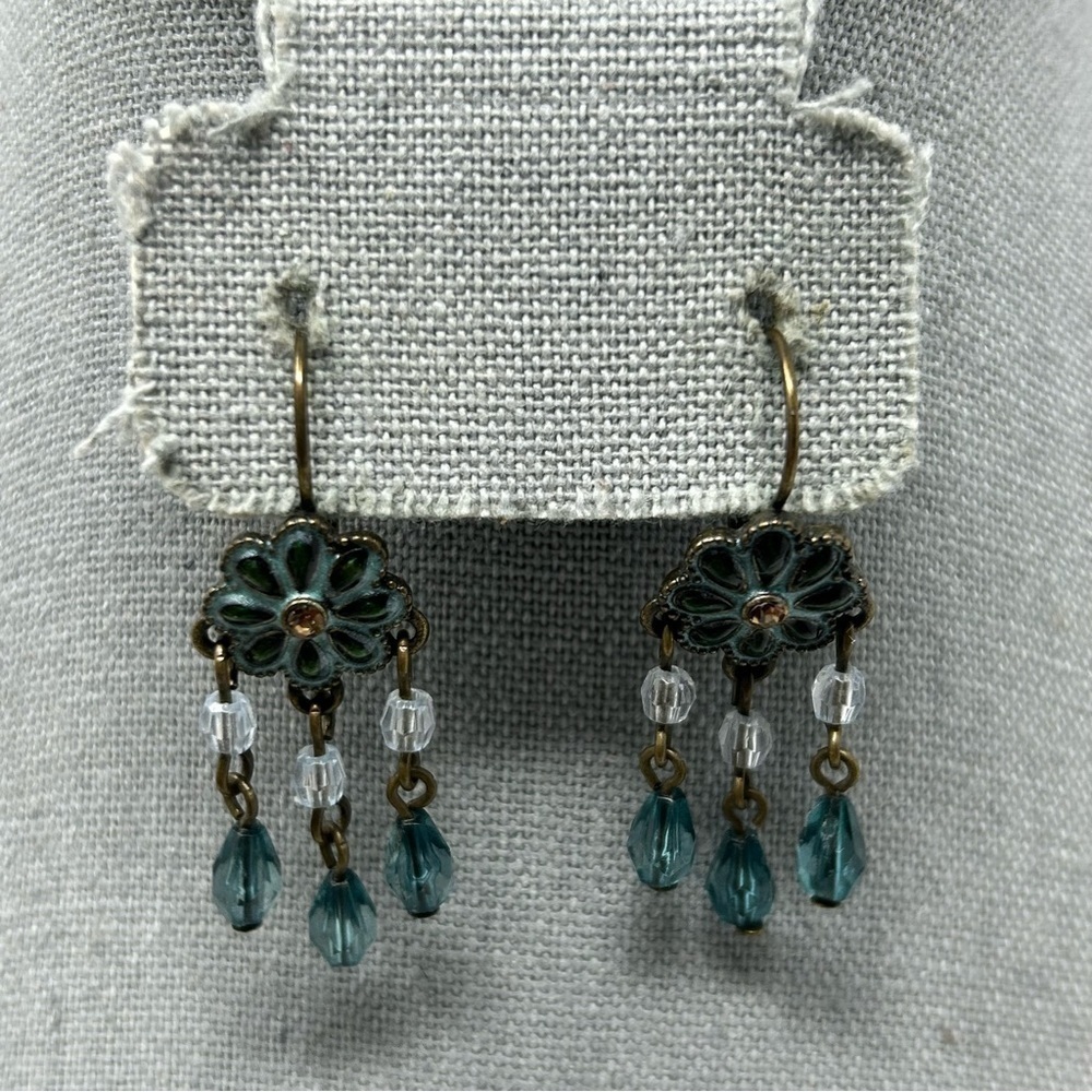 Boho Blue Floral Beaded Leverback Earrings Brown Bronze Tone Metal